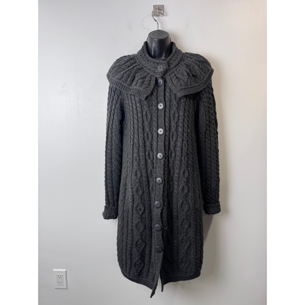 Aran Crafts Women Gray Cardigan 100% Merino Wool Cable Knit Sweater Coat Large